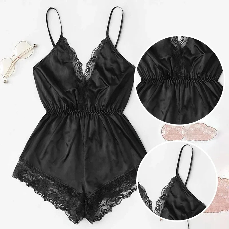 2025 New designer s sexy and fashionable lace patchwork fashion decoration one piece clothing backless bow shorts V neck jumpsuit women s sleepwear se