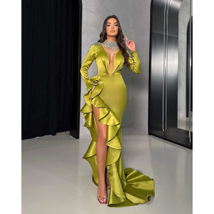 Green Mermaid Elegant Evening Beads Collar Illusion V Neck Formal Party Prom Dress Split Red Carpet Long Dresses For Special Ocn Es