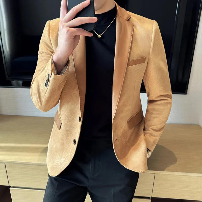 Mens Suede Set Jacket Korean Fashion PU Splicing Casual Business Jacket Masculino Office Social Dress Jacket Mens Wear 241024 - view 6