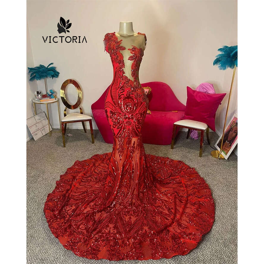 Gorgeous Red Sequined Lace Crystal Prom Blackgirl Mermaid Party Dress Women Elegant See Thru Formal Gowns