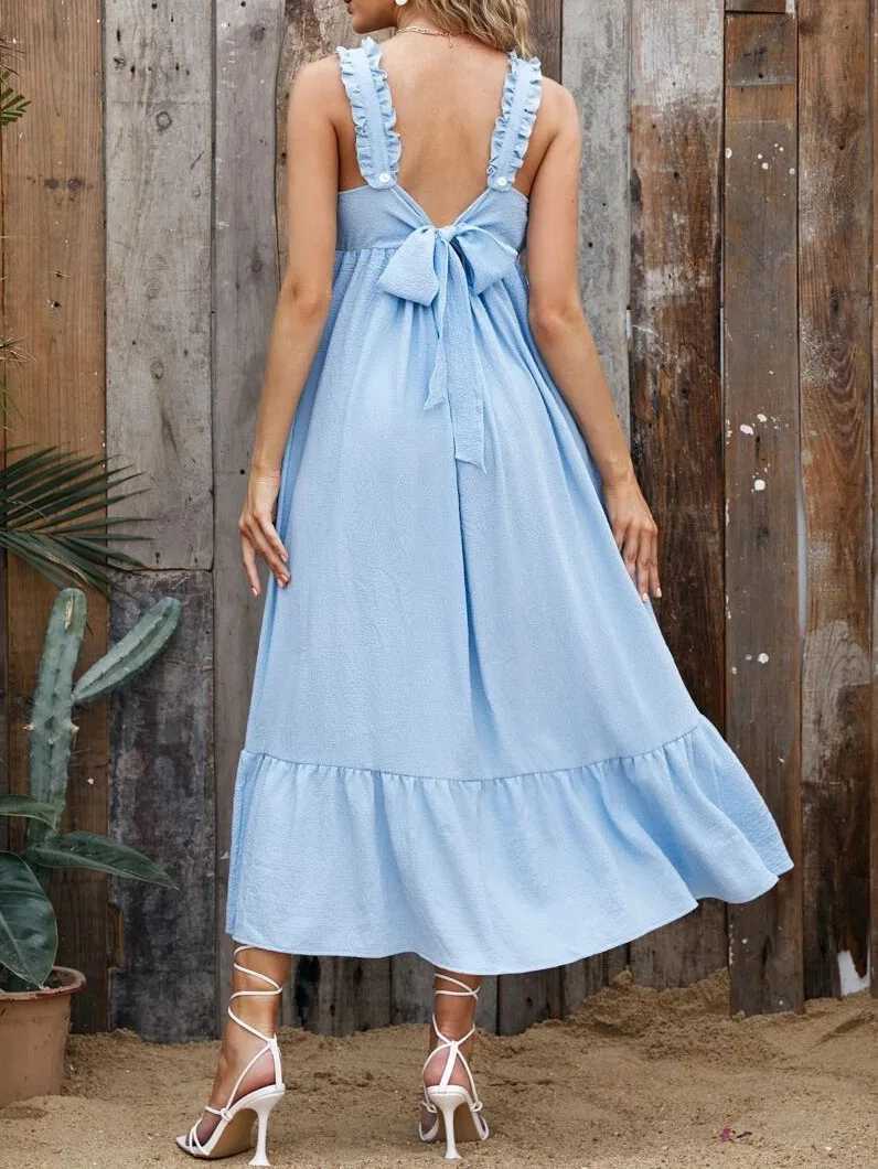 Summer New Bow Ruffle Womens Maxi Swinging Belt Dress Comfortable Solid Color Suitable for Pregnant Women Skiing W241026