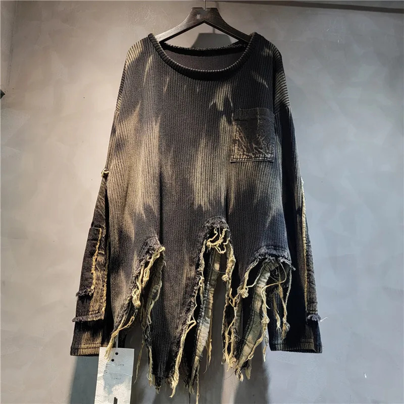 DEAT Womens Pullover Long Sleeve Tiedye Irregular Do Old Patchwork Vintage Loose Denim Sweater 2024 Autumn Fashion 29L8194 241025
