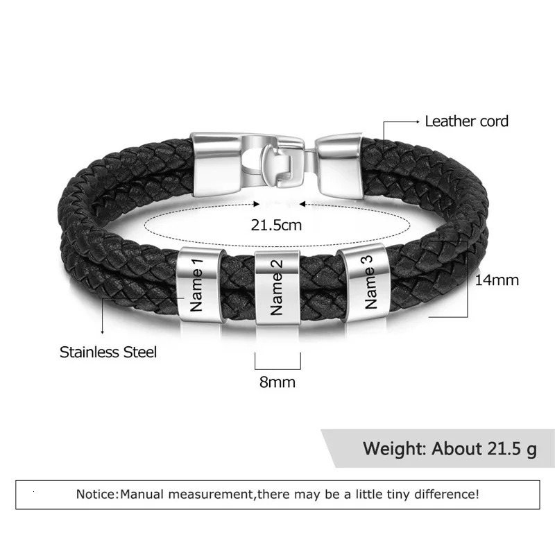Customized Family Name Bead Bracelet Mens Personalized Carving Bracelet Black Leather Stainless Steel Bracelet Fathers Day Gift 241025
