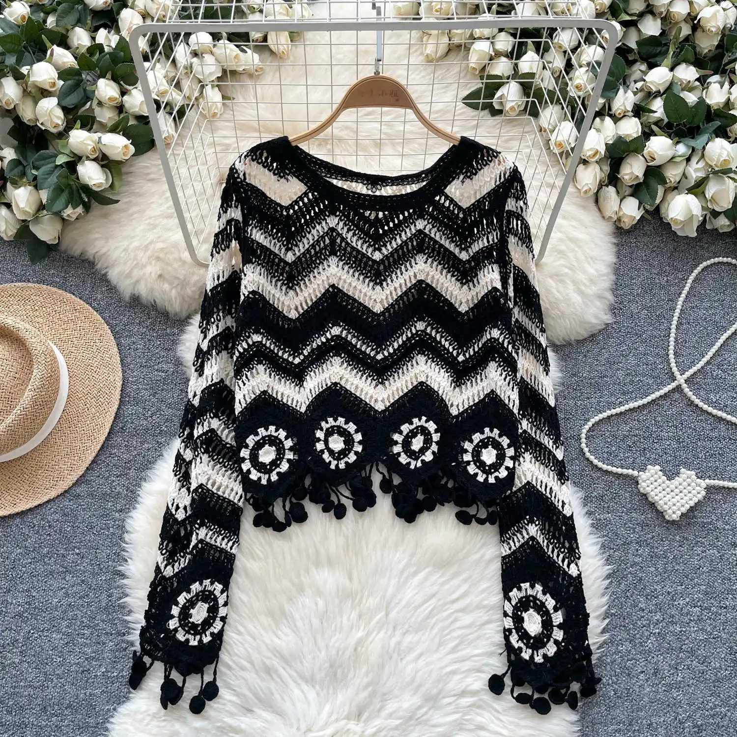 Zig Zag Crochet Top Long Sleeve VNeck Wavy Striped Openknit Pullover Sweater for Women Teengirl Boho Vacation Outfit 241018