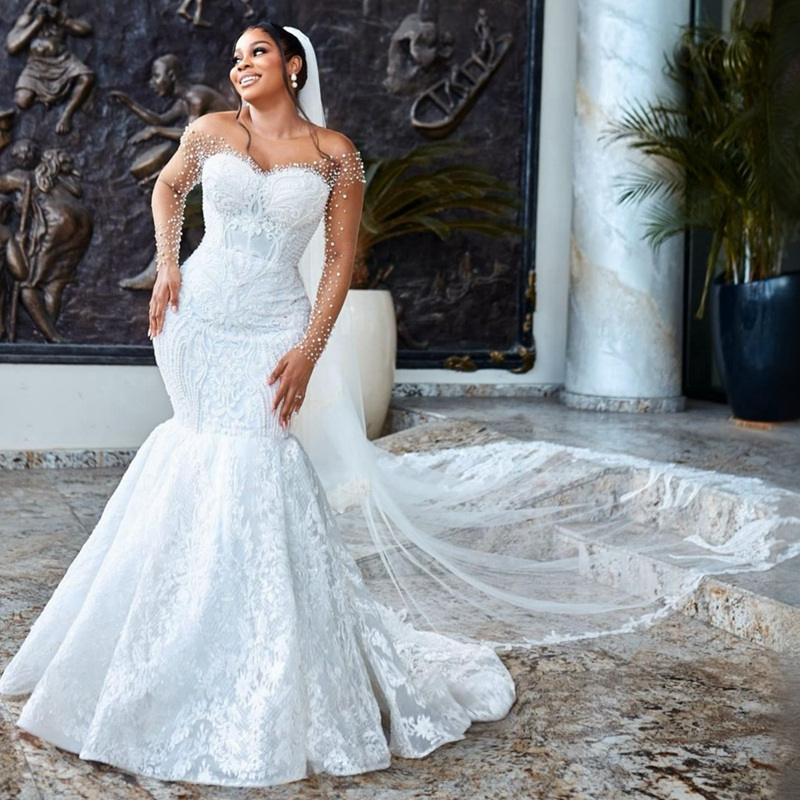2024 Aso Ebi Mermaid Wedding Dress Bridal Gowns For Bride Sheer Neck Illusion Long Sleeves Appliqued Beaded Pearls Lace Wedding Gowns For Black Women 