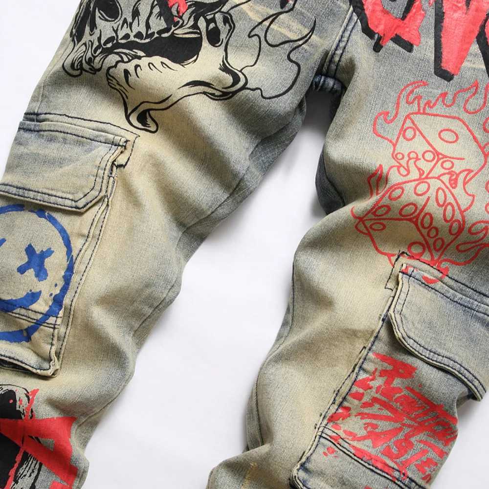 Mens graffiti printed stretch denim jeans flame skeleton devil paint ultra-thin tapered pants T-shirt retro pocket cargo cart X241026