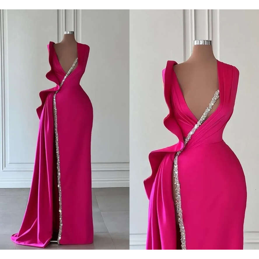 Fuschia Plus Size A E Evening Dresses For Black Women Deep V Neck Beads Pleats Draped High Side Split Form Ocns Pageant Birthday Party Prom Gowns M Ve