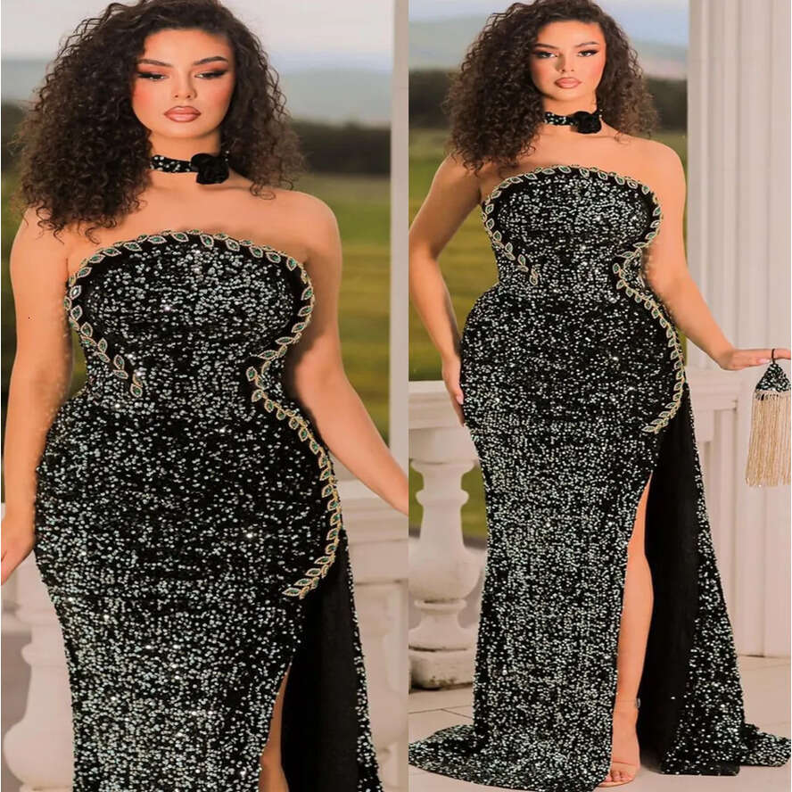 Ebi Black Aso Mermaid Prom Dress Crystals Sequined Lace Evening Formal Party Second Reception Birthday Engagement Gowns Dresses Robe De Soiree ZJ Es