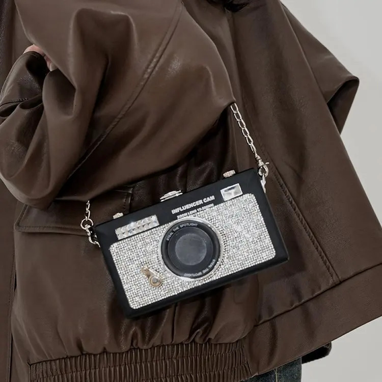 Personalized Camera Bag 2024 Fashionable Rhinestone Foreign Style Instagram Womens Chain Box Bag Trend Crossbody Bag 241025