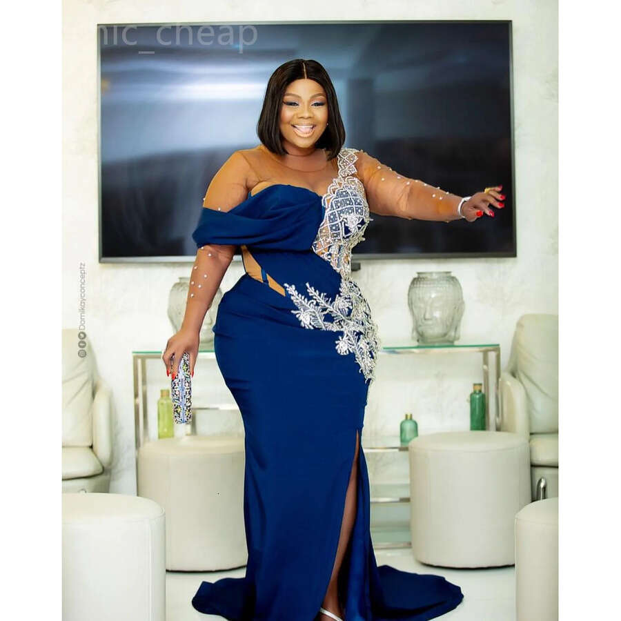Aso Ebi Navy Blue Mermaid Prom Dress Lace Beaded Satin Evening Formal Party Second Reception Th Birthday Engagement Gowns Dresses Robe De Soiree ZJ Es