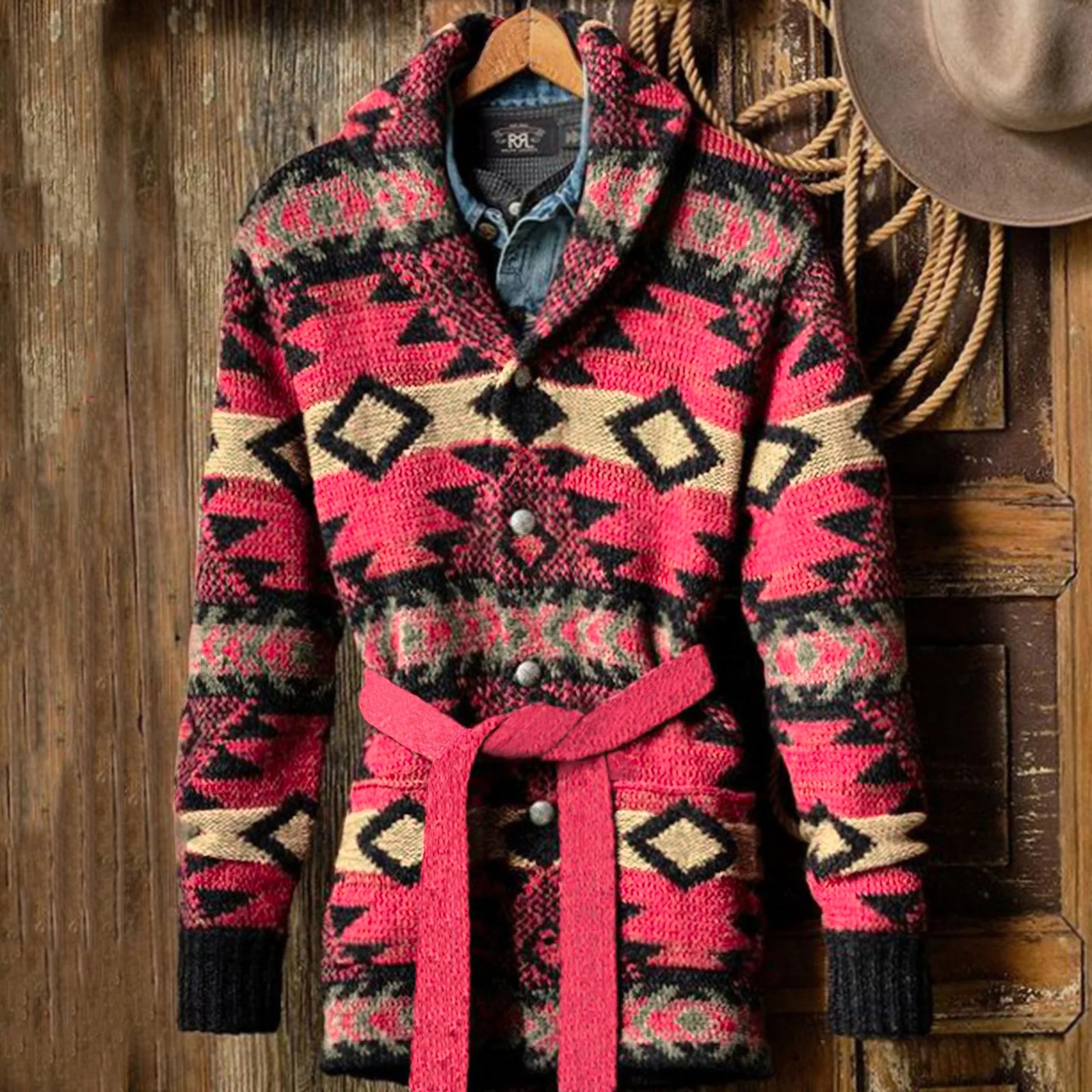 Vintage Men's Heavyweight Jacquard Sweater With Thick Medium Coat