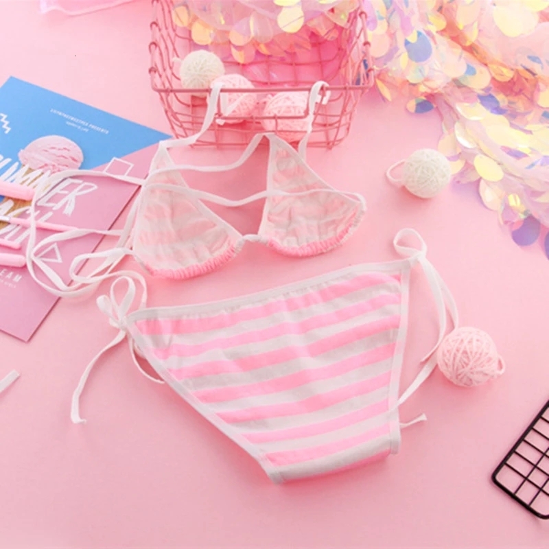 2025 New designer Japanese sexy girl Lolita Kawaii blue pink white striped trend mini bikini adult role playing women s bra lingerie set Frenum swimsu