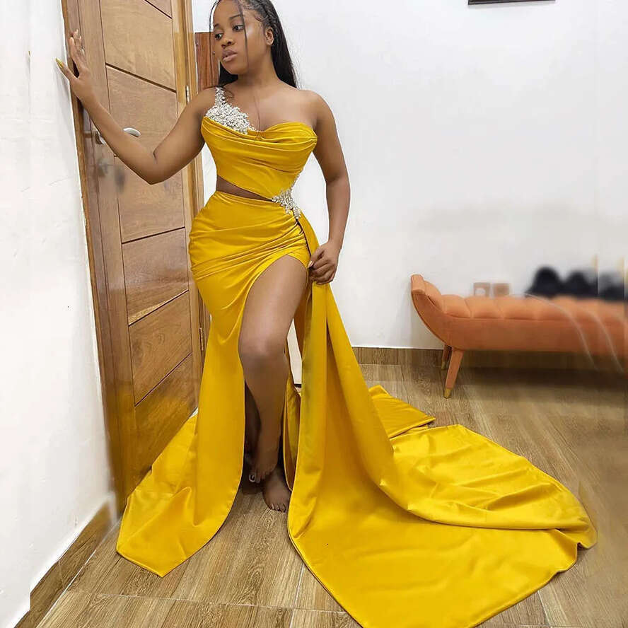Prom New Mermaid Dresses For Black Girls One Shoulder Corsert Back Thigh High Slits Appliques Beads Africa Women Party Gowns