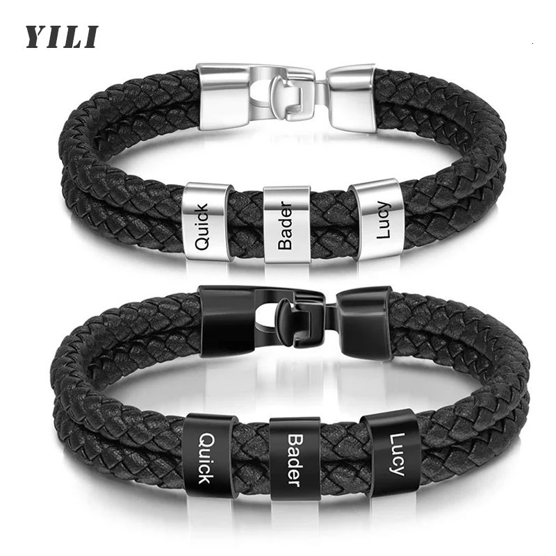 Customized Family Name Bead Bracelet Mens Personalized Carving Bracelet Black Leather Stainless Steel Bracelet Fathers Day Gift 241025