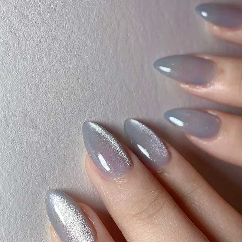 24 pieces of solid color gray almond fake nail cat eye design wearable round headed fake nails with shiny powder printed on the nails W250410