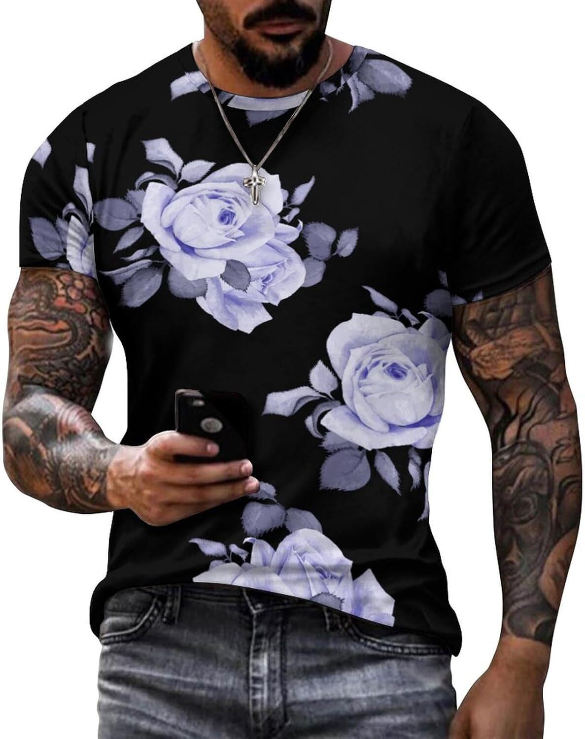 Mens T shirt Rose Repeat Pattern Cotton T-Shirt 3D Printed Casual Shirt Men's Crew Neck Casual tops summer clothes