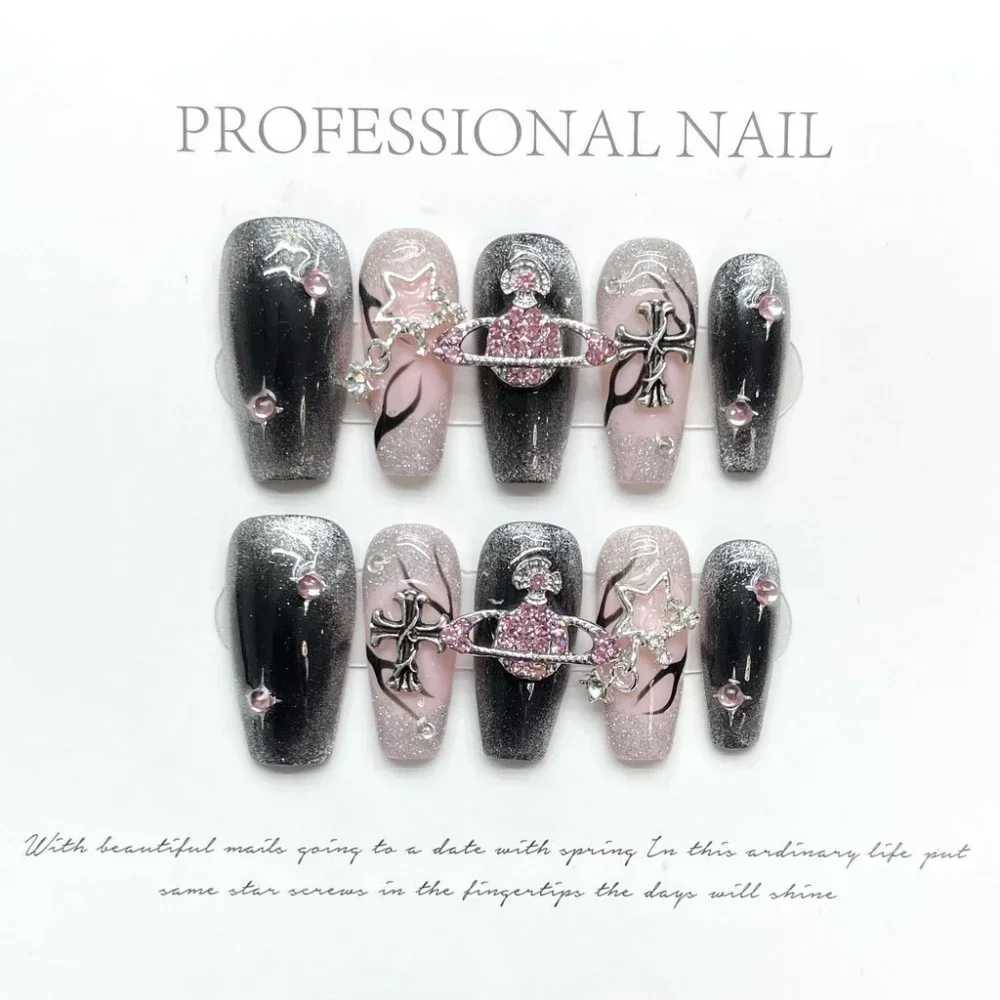 Artificial nails Sparkling pink diamonds surround planet flame cat eye nails reusable and removable nails W250410