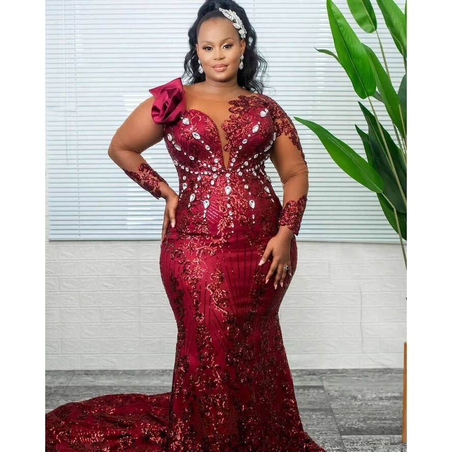 Arabic Plus Size Aso Ebi Bury Urious Mermaid Prom Dresses Crystals Sheer Neck Evening Formal Party Second Reception Birthday Engagement Gowns Dress