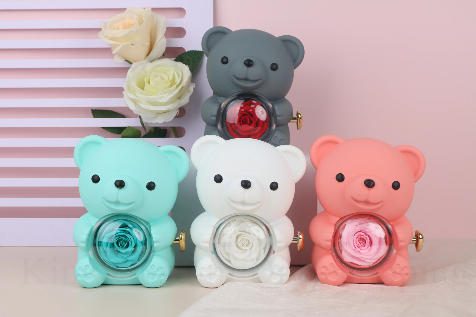 Rotating Rose Bear Bead Treasure Box Customized Name Necklace Eternal Flower Gift Box Valentines Day Christmas Gift 241025