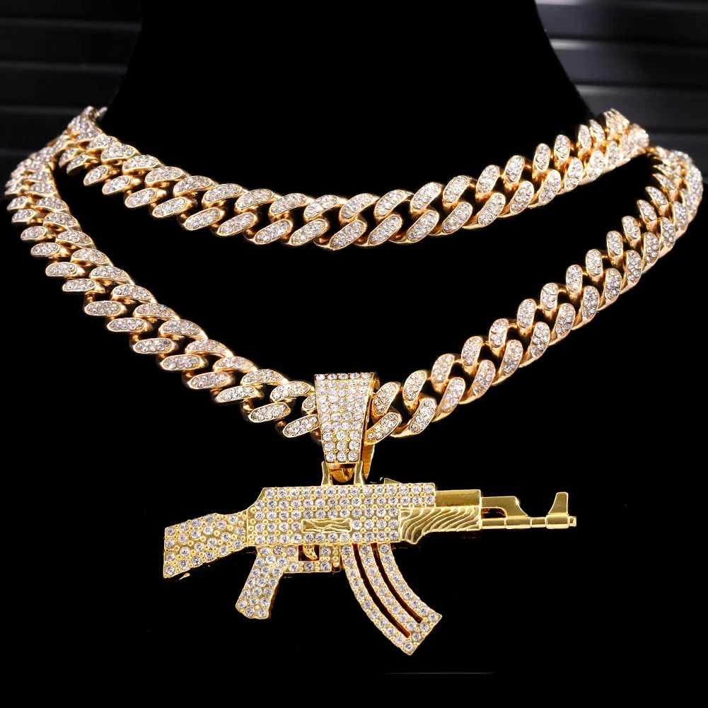 Hip Hop Mens AK47 Submachine Gun Pendant Necklace Gold Silver Ice Crystal Cuban Chain Necklace Jewelry 241025