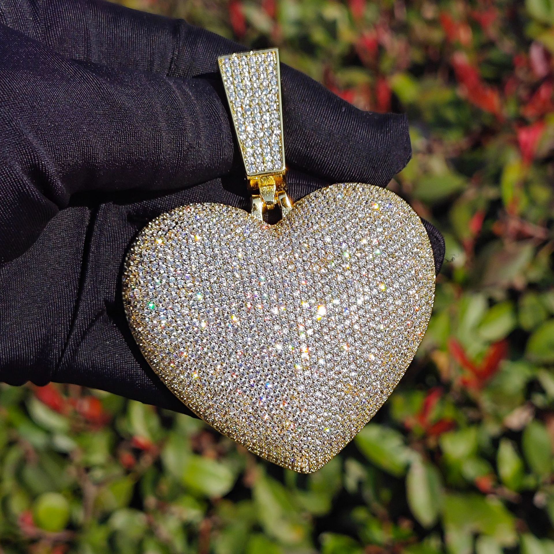Hip Hop Large Heart Shape Pendant Necklace Full 5A Zircon Gold Plated Woman Man Jewelry