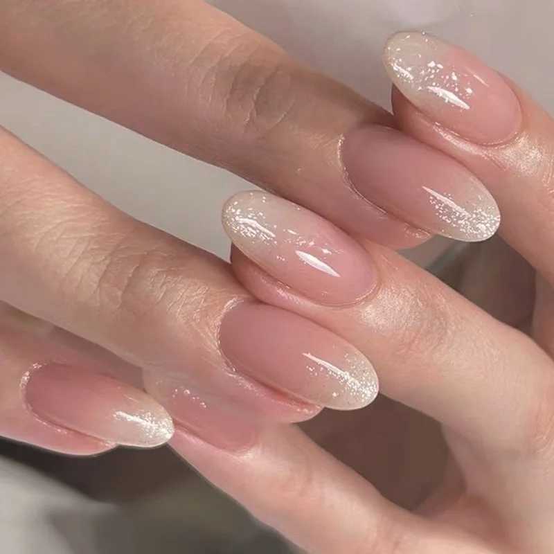 24 pieces of French simple fake nails Ins white edge nude fake nails tip almond stick nail patch W250410