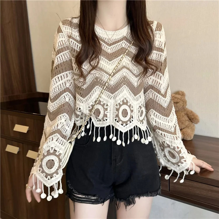 Zig Zag Crochet Top Long Sleeve VNeck Wavy Striped Openknit Pullover Sweater for Women Teengirl Boho Vacation Outfit 241018