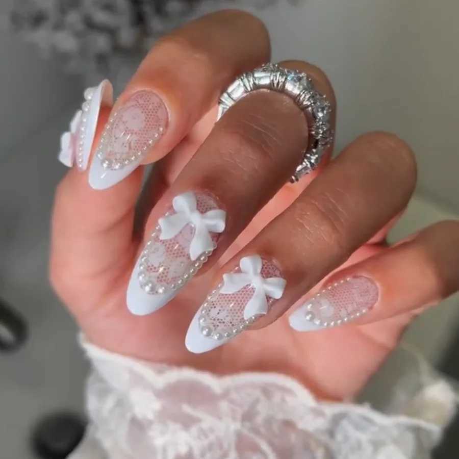 White French Short Press Nail 3D Bow Design Nude Color Fake Nail Maker DIY Female DIY Nail Tips W241026