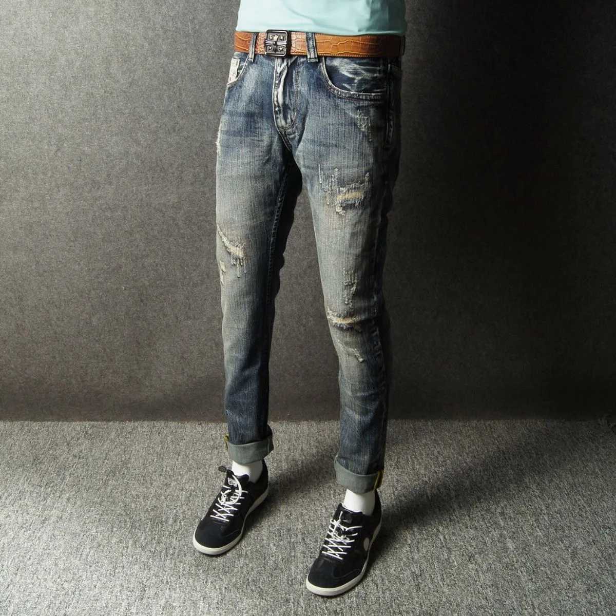 2023 Spring and Autumn New Fashion Casual Solid Color Vintage Ripped Jeans Mens Slim Comfortable Elastic High-Quality Jeans X2507181