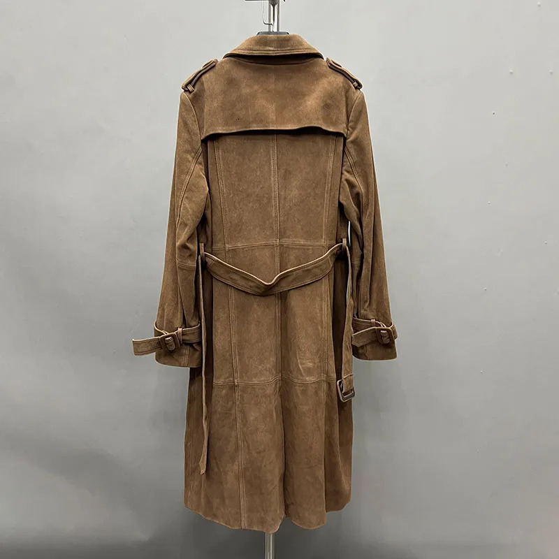 100% leather jacket with length autumn and winter office womens windproof trench coat suede coat 241024