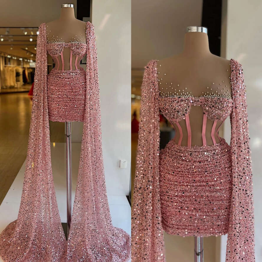 Sequins Sheath Fabulous Evening Elegant With Cape Illusion Bodice Prom Dress Pleats Beaded Formal Dresses For Women Es