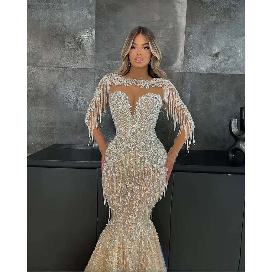 Aso Ebi Champagne Mermaid Prom Dress Beaded Crystals Evening Formal Party Second Reception Birthday Bridesmaid Engagement Gowns Dresses Robe De Soiree