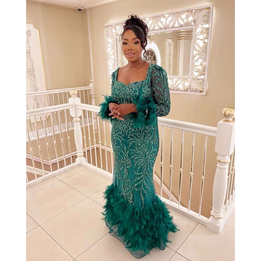 Ebi Hunter Aso Green Mermaid Prom Dress Sequined Lace Feather Evening Formal Party Second Reception Birthday Engagement Gowns Dresses Robe De Soiree Z