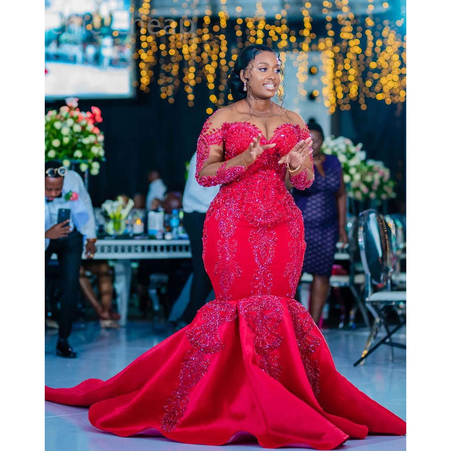 Aso Red Ebi Urious Mermaid Prom Dress Beaded Crystals Lace Evening Formal Party Second Reception Th Birthday Engagement Gowns Dresses Robe De Soiree E