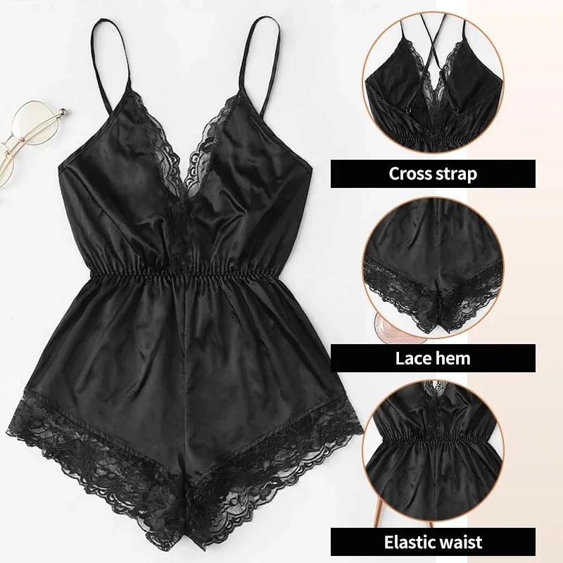 2025 New designer s sexy and fashionable lace patchwork fashion decoration one piece clothing backless bow shorts V neck jumpsuit women s sleepwear se