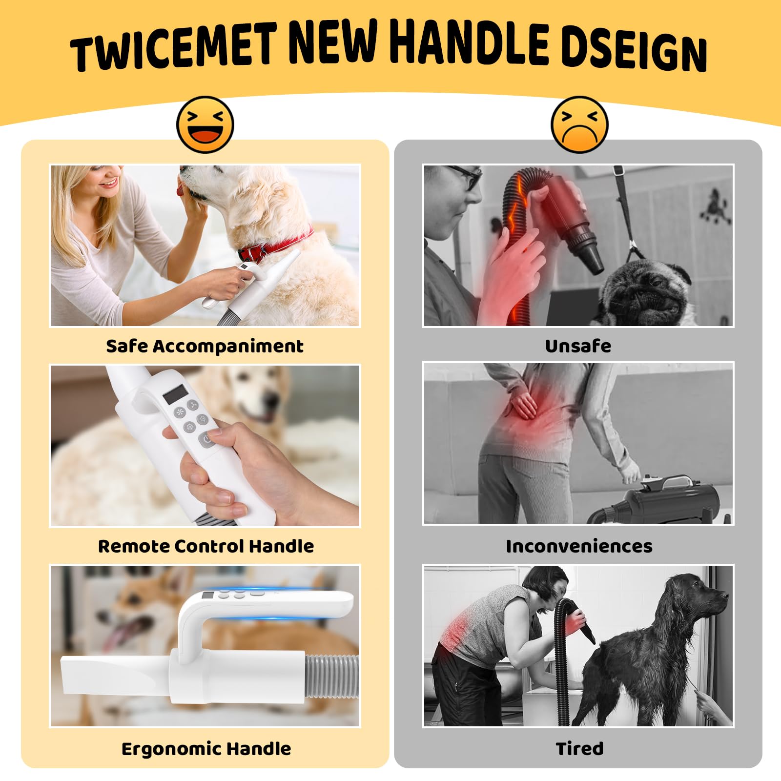 4-in-1 Smart Handle Dog Hair Dryer, Negative Ion Pet Hair Dryer with Adjustable Wind Speed and Temperature, Suitable for All Pets.