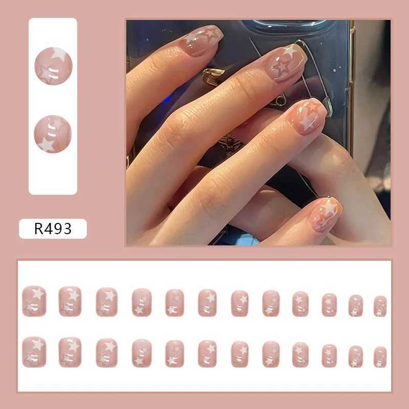 Star Fainting 24 pieces press nail pink gradient fake nail smooth artificial finger manipulation reusable female fake nail W250410