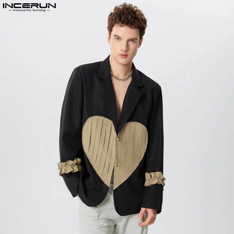 INCERUN Tops American style mens heart-shaped patchwork pattern sports jacket casual club wear mens long sleeved set Coats S-5XL 241024
