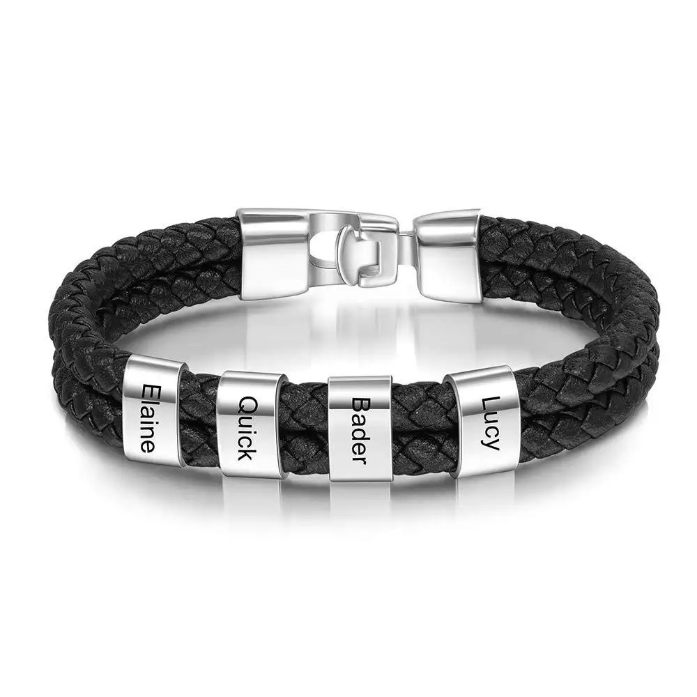Customized Family Name Bead Bracelet Mens Personalized Carving Bracelet Black Leather Stainless Steel Bracelet Fathers Day Gift 241025