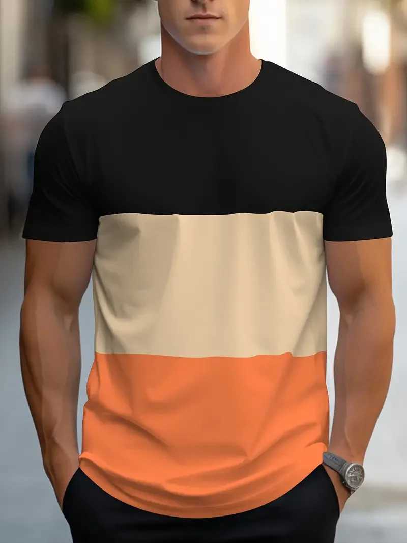 Summer new mens colorful geometric printed pattern casual loose street fitness high-quality casual mens T-shirtXJ250409