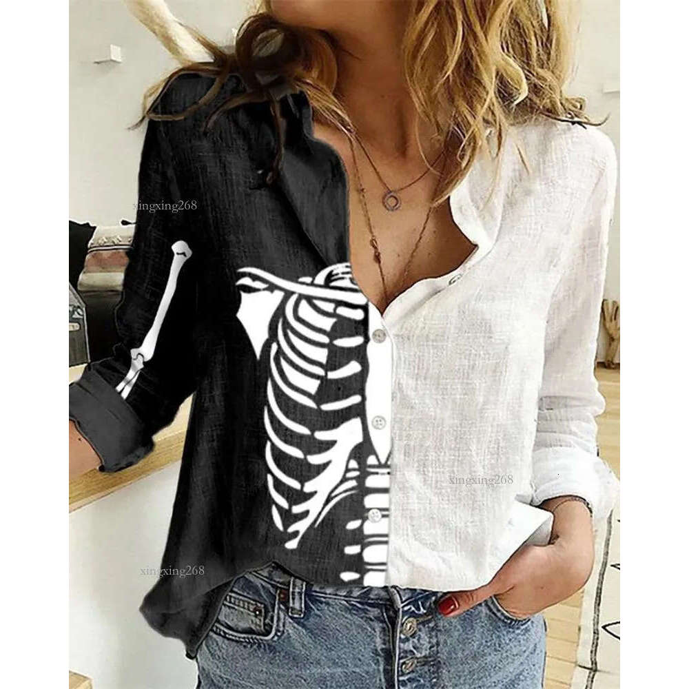 Women Casual Autumn Turn-down Collar Buttoned Skeleton Blouse Halloween Figure Print Colorblock Shirt 21302