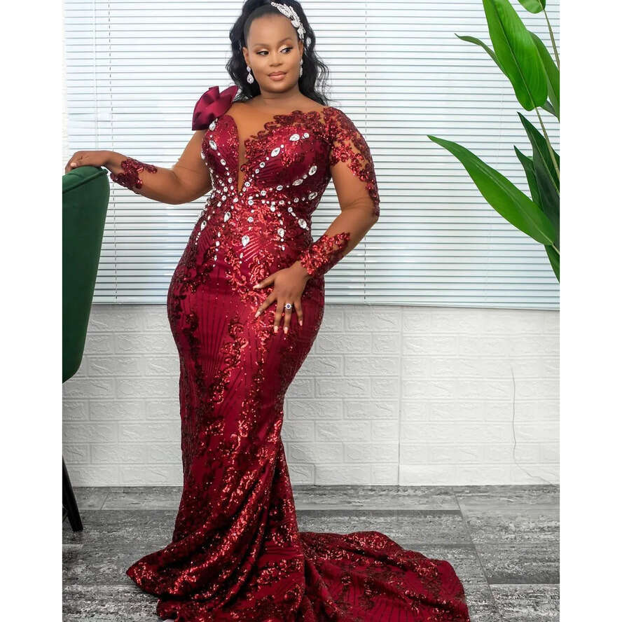 Arabic Plus Size Aso Ebi Bury Urious Mermaid Prom Dresses Crystals Sheer Neck Evening Formal Party Second Reception Birthday Engagement Gowns Dress