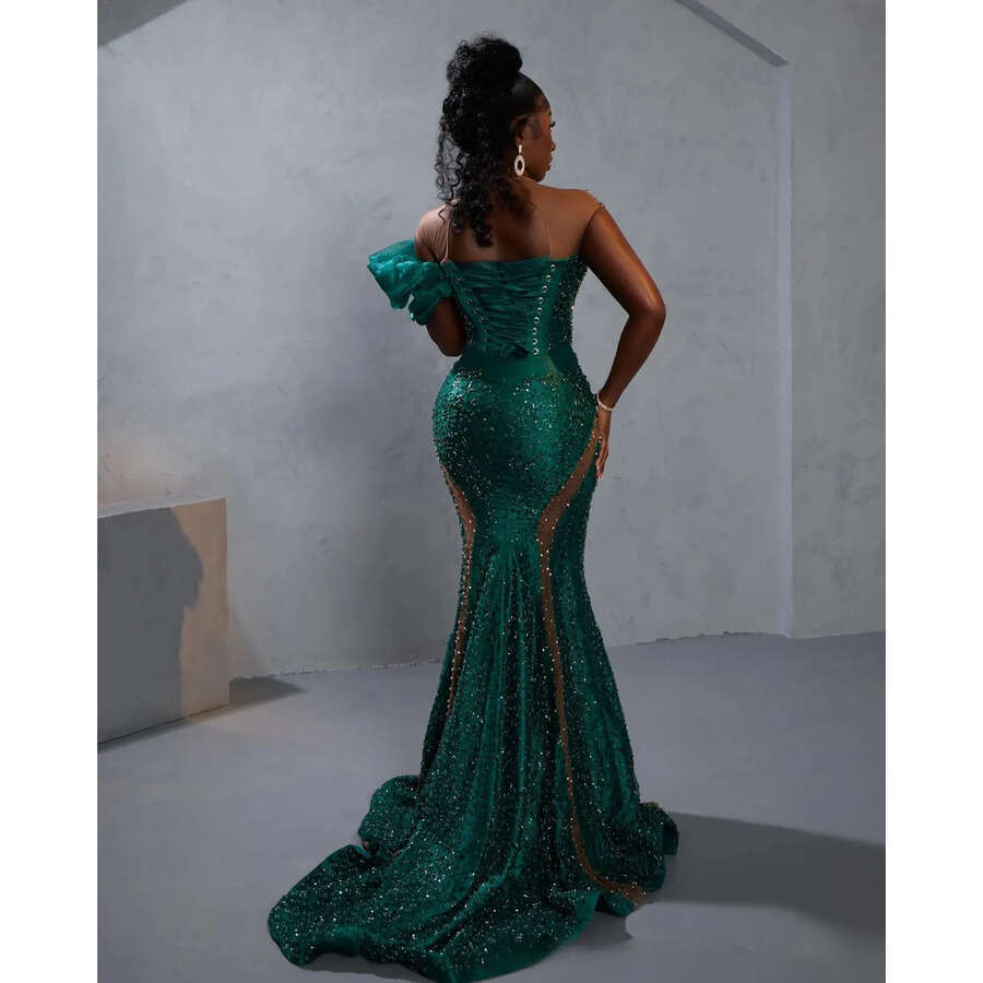 African Nigeria Plus Size Prom Black Women Illusion Sheer Neck Mermaid Short Sleeves Sequined Lace Evening Dresses Formal Dress For Birthday Girls 092