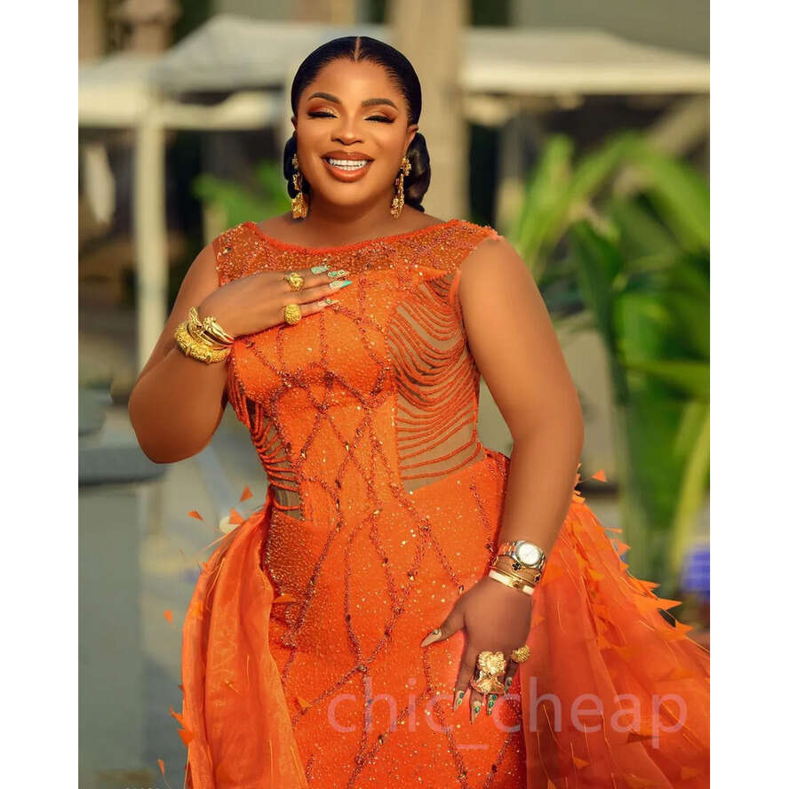 Aso Ebi Arabic Orange Mermaid Prom Dresses Beaded Crystals Urious Evening Formal Party Second Reception Birthday Engagement Gowns Dress ZJ