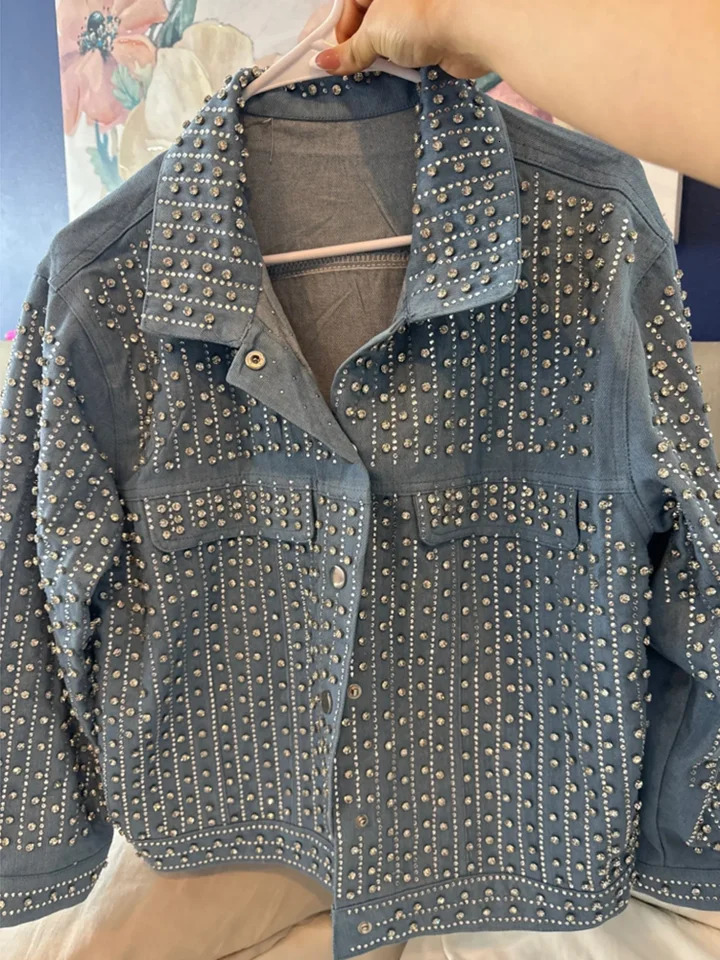 Street Clothing Splicing Rivet Denim Jacket Womens Fashion Collar Long Sleeve Loose Coat Womens Coat Autumn Trend 241024