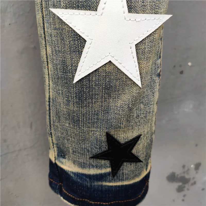 High Quty Men Jean Hole Patch Fashion Versatile Ripped Jeans Stretch Pencil Pant Strtwear Elastic Hip Hop Star Pattern Jean X250129