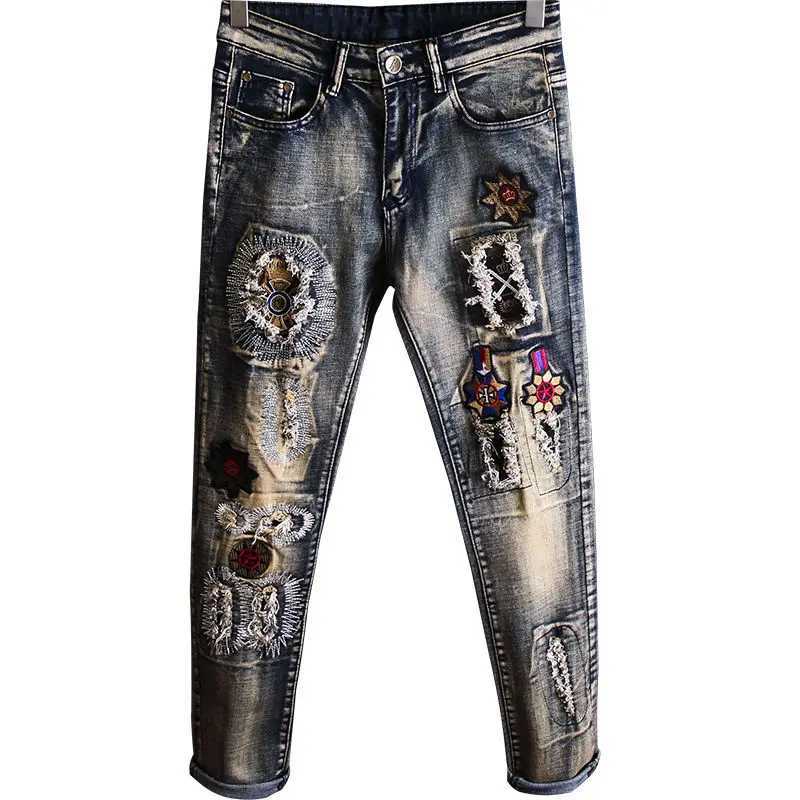 Mens jeans tear graphic Trouser embroidery mens jeans retro tear elastic band hole Spring and Autumn cheap X2410261
