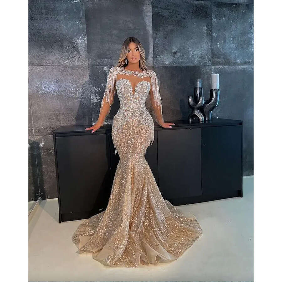 Aso Ebi Champagne Mermaid Prom Dress Beaded Crystals Evening Formal Party Second Reception Birthday Bridesmaid Engagement Gowns Dresses Robe De Soiree