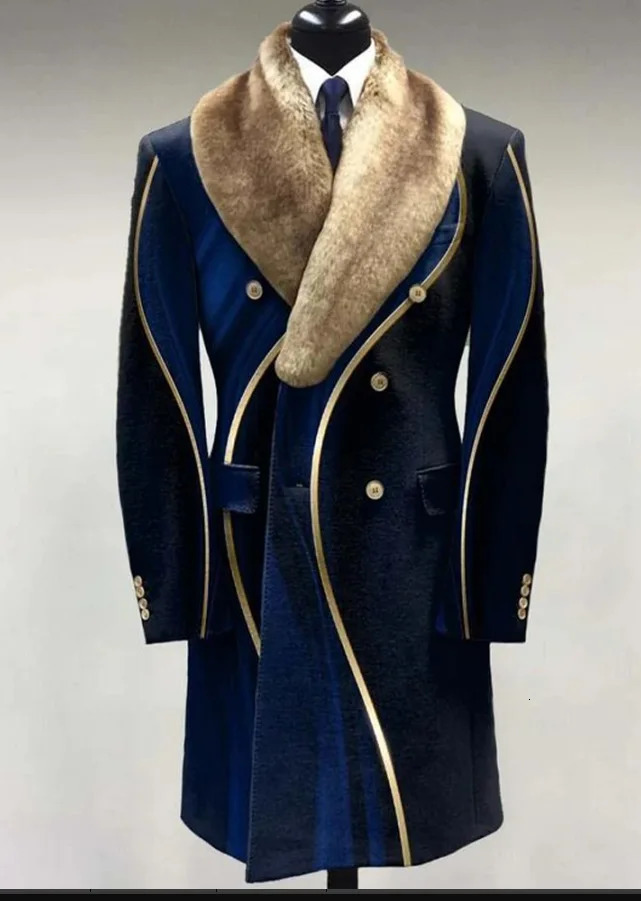 Customized European and American autumn and winter navy blue mens wool coat with collar print medium long casual jacket only for men 241025