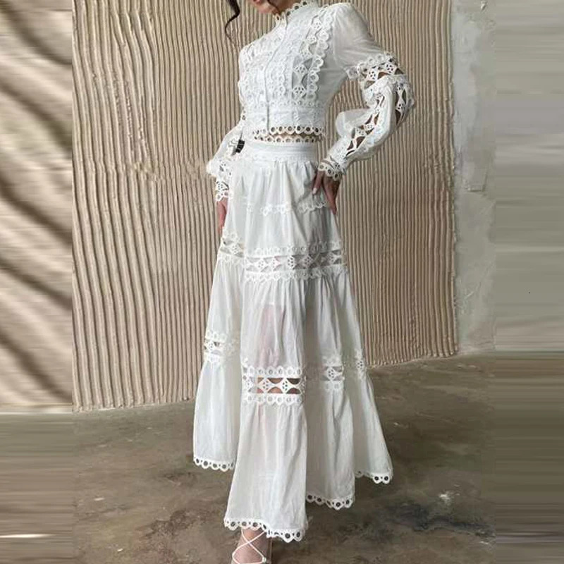 Spring French Embroidery Hook Flower Hollow Crochet Set Women 2 Pieces White Fashion Slim Top Skirt Suits Sexy Summer Suit 241025
